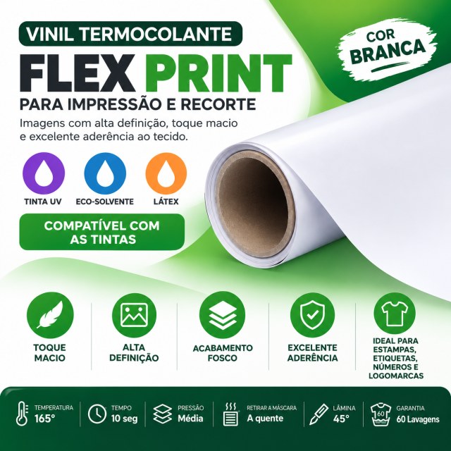 Vinil Termocolante Flex Print Branco 50cm x 1 Metro – Imprimível UV, Eco-Solvente e Látex em Ateliê Sulink